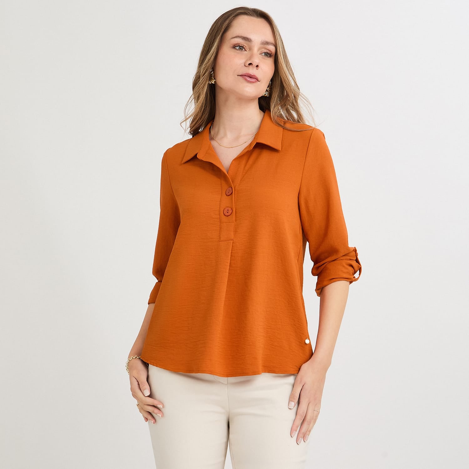 Blusa Manga Roll Up con Botones en Escote Terracota
